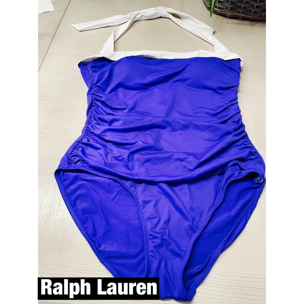 Ralph Lauren Navy & White Swimsuit with ruched sides is size 14